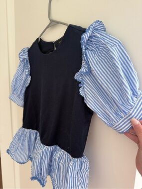 English Factory Black Top with Blue-White Striped Puff Sleeves